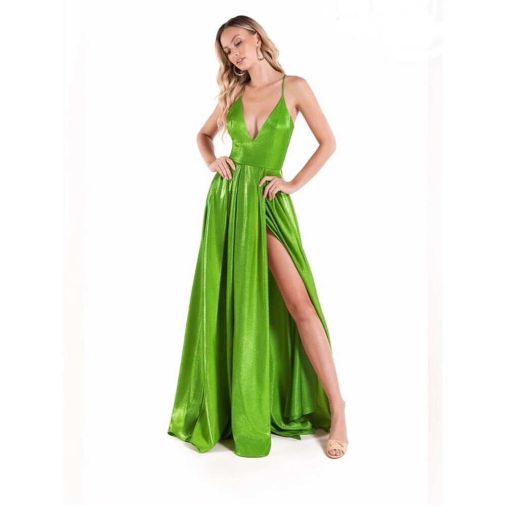 Abby Paris Apple Green Prom Dress Style 90167 V Neck Floor Length Maxi Gown NEW
